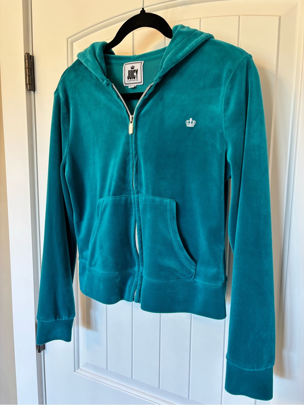 Juicy Couture Teal Rhinestone Velour Zip Hoodie with Crown Logo